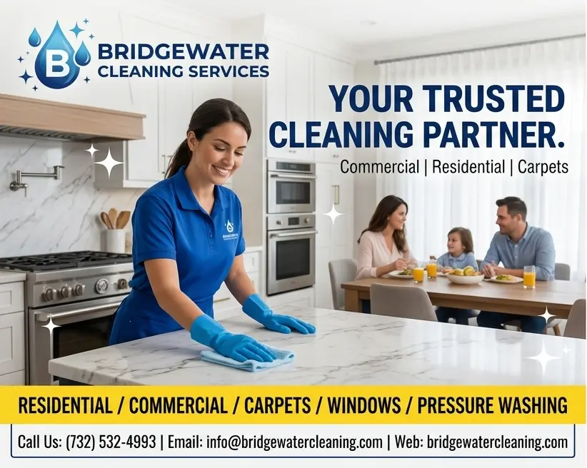 Professional residential cleaner disinfecting a kitchen countertop in a Bridgewater, NJ home
