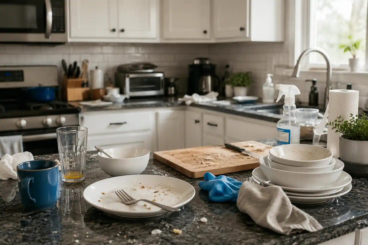 Cluttered kitchen counter before professional cleaning in Bridgewater, NJ